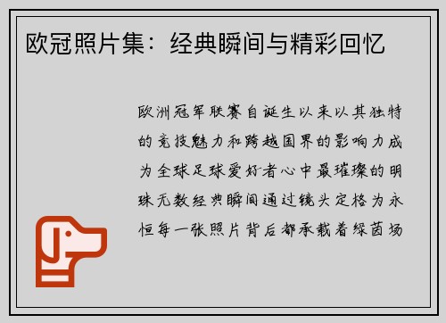欧冠照片集：经典瞬间与精彩回忆